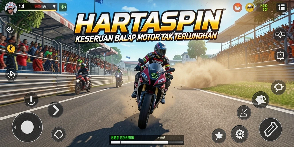 Tampilan seru gameplay HARTASPIN dengan balapan motor yang mendebarkan.