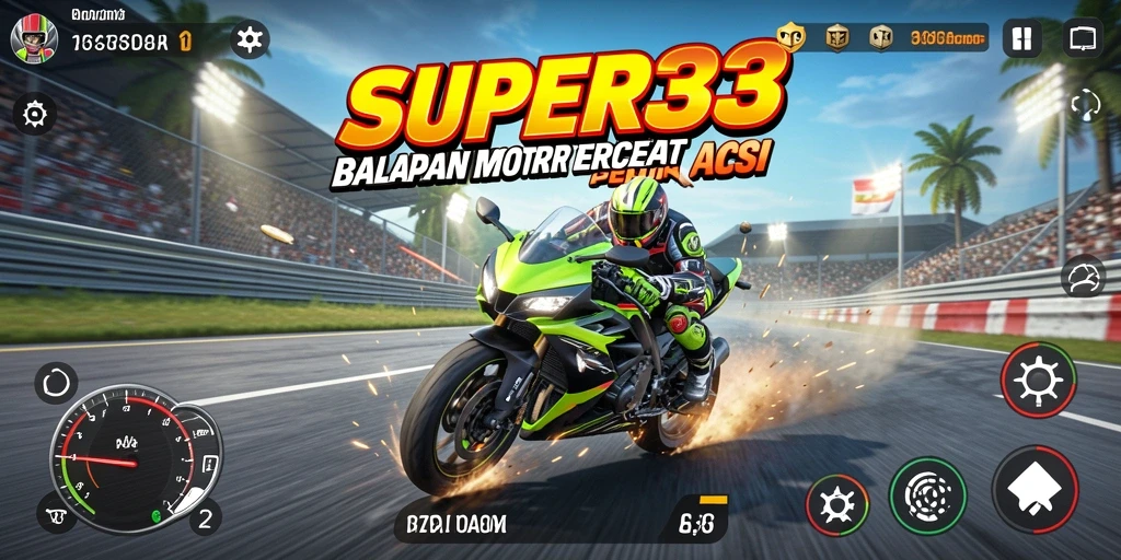 Tampilan gameplay SUPER33 menampilkan aksi balapan motor yang cepat dan mendebarkan.